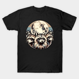 Retro Raccoon Trio: Vintage Graphic with Celestial Moon - Nostalgic, Dreamy, Mystical Illustration for Raccoon Lovers T-Shirt